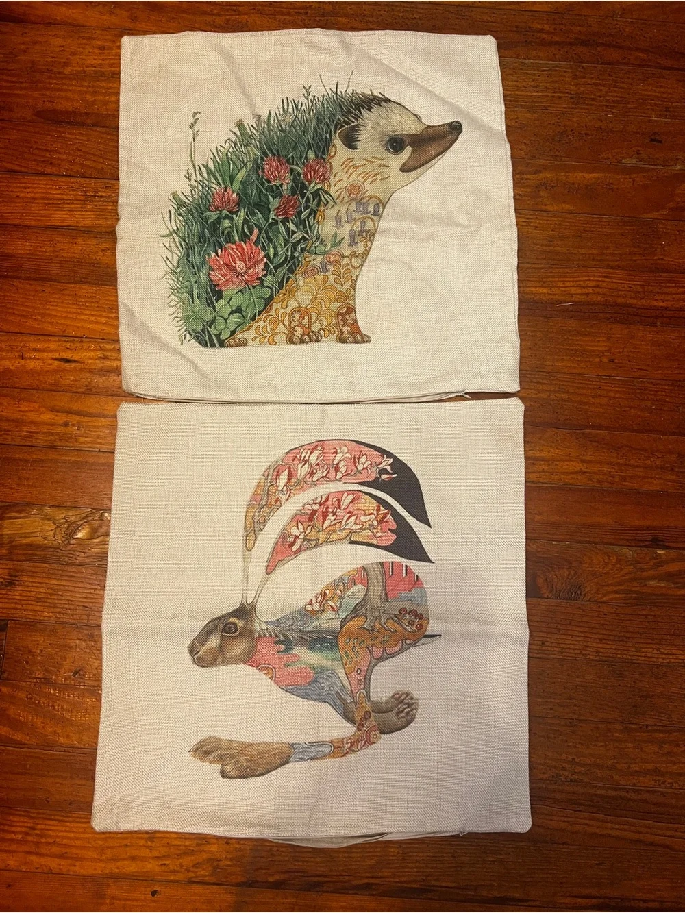 Whimsical Hedgehog & Hare Printed Decorative Pillow Covers - Cream